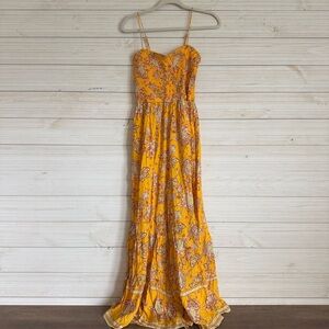 Free People Little of Your Love Jumpsuit S Yellow Floral Wide Leg Boho Pockets